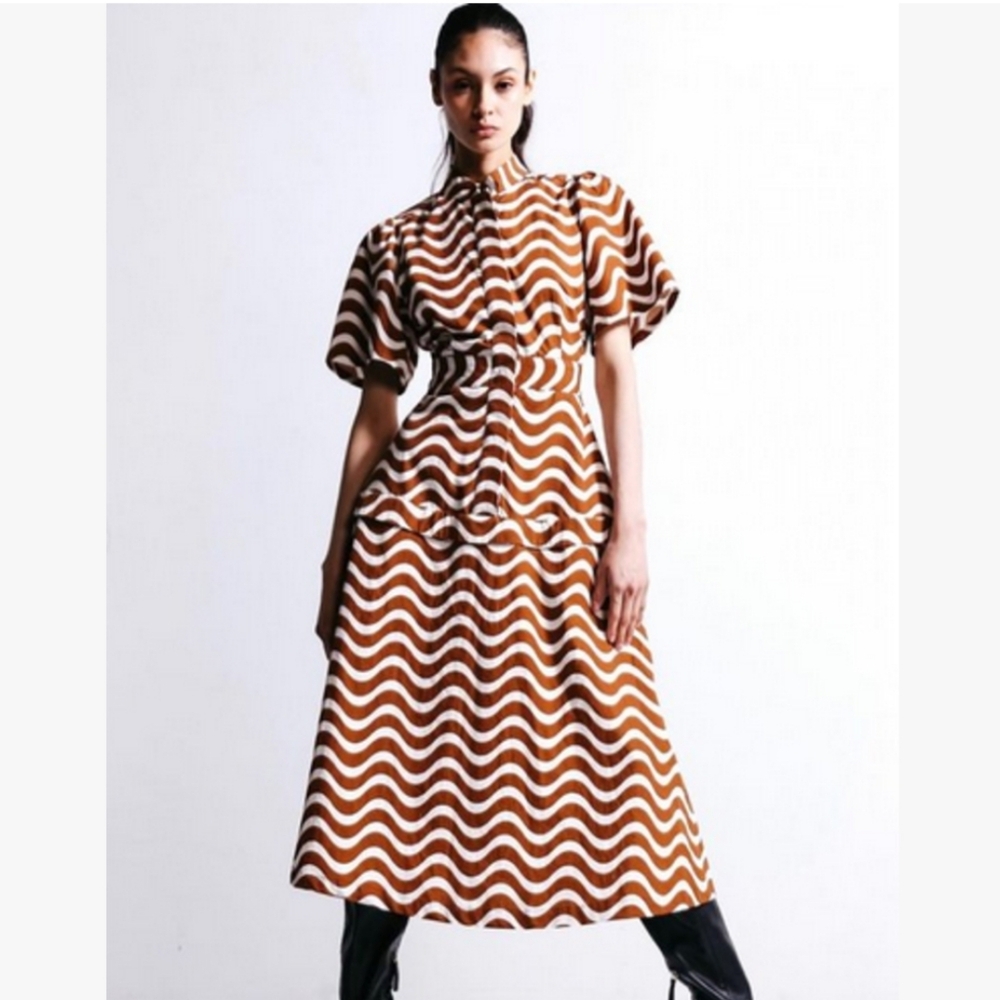 Du Paradis Leah Wave Stripe Cotton Midi Dress NWT Size M NWT